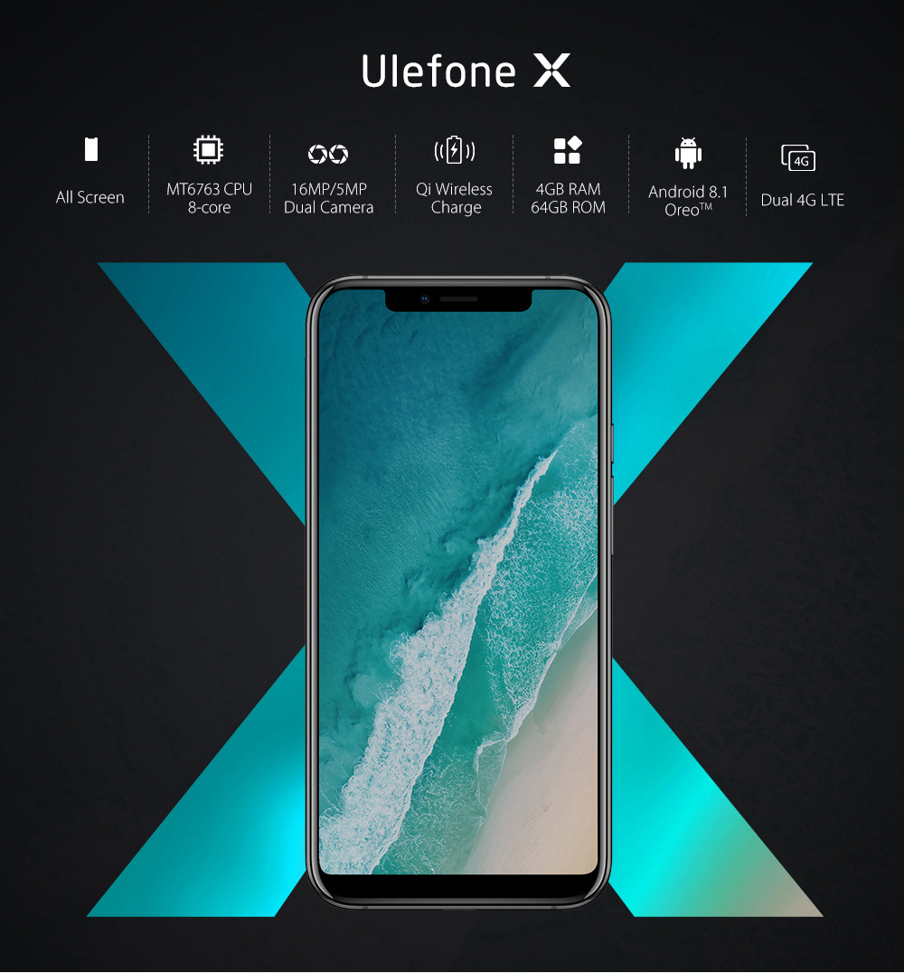 [HK Stock]Ulefone X 5.85 Inch 4G LTE Smartphone MTK6763 4GB 64GB 13.0MP+5.0MP Dual Rear Cameras Android 8.1 Face Unlock HD+ Screen - White