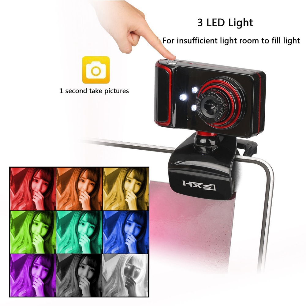 HXSJ S10 480P USB Webcam With Built-in Microphone Rotatable 16M Pixels 3 LED Lights For PC / Laptop - Black + Red