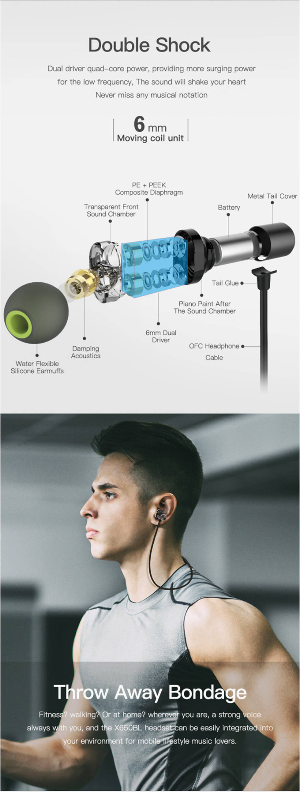 Awei X650BL Bluetooth Earphone Dual Driver Magnetic In-ear with Mic Line Control - Black