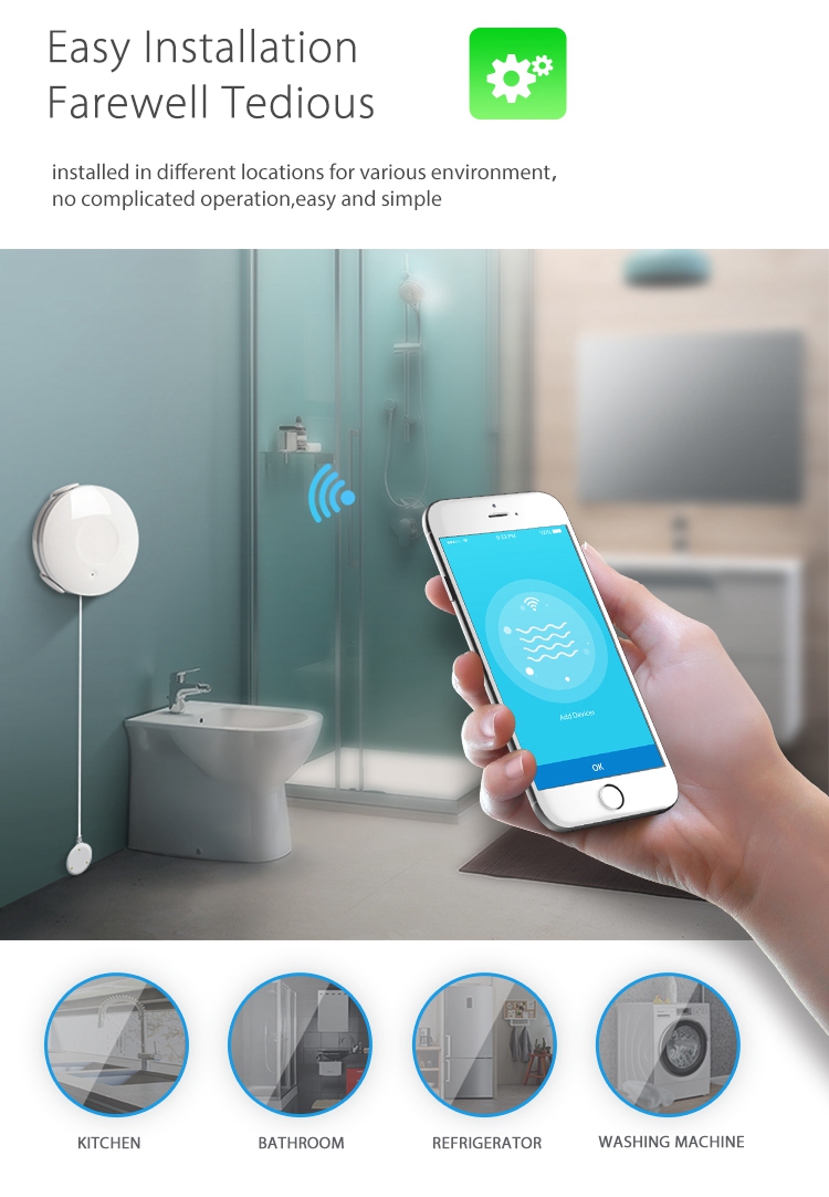 Geekbes NAS-WS02W Smart Water Flood Sensor Detect Water Leakage Wifi Replaceable Battery Waterproof APP Control - White