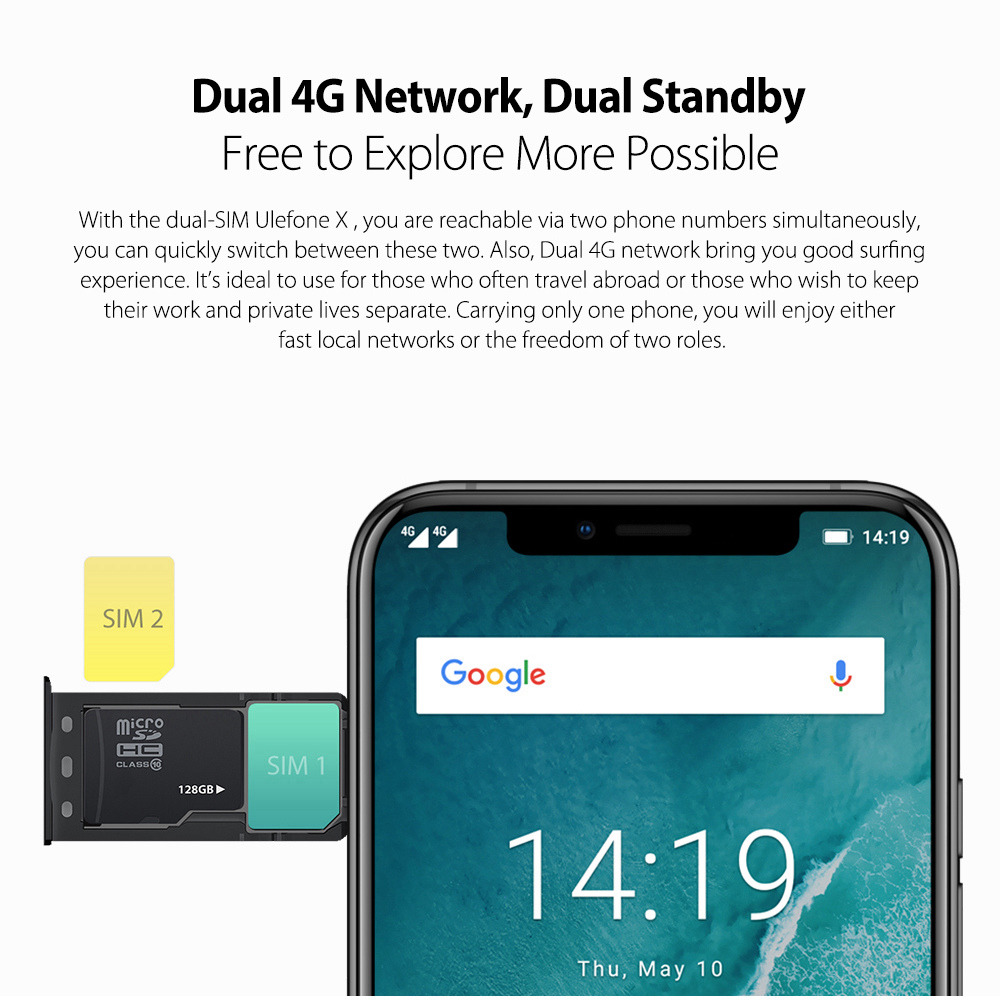 [HK Stock]Ulefone X 5.85 Inch 4G LTE Smartphone MTK6763 4GB 64GB 13.0MP+5.0MP Dual Rear Cameras Android 8.1 Face Unlock HD+ Screen - Black