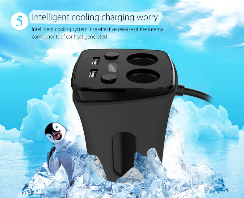 POFAN S03 Cup Car Charger with Voltage Warning Independent Switch Dual USB Interfaces Double Cigar Lighter Ports - Black