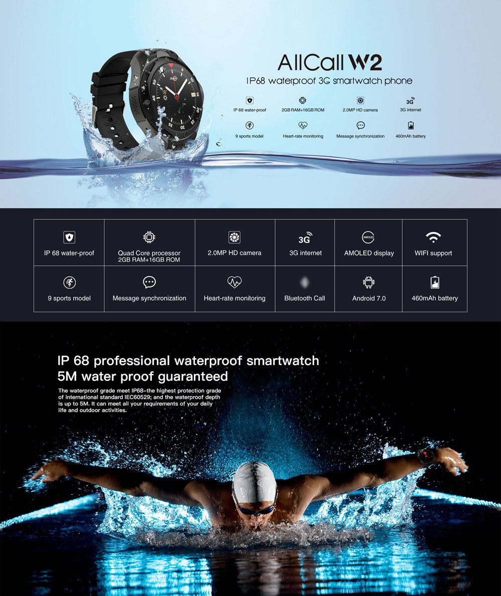 ALLCALL W2 3G Smartwatch Phone Android 7.0 MTK6580 Quad Core Heart Rate Monitor IP68 Water Resistant  2GB RAM 16GB ROM  - Dark Gray