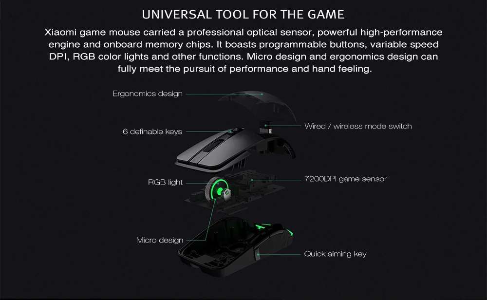 Xiaomi Gaming Mouse Wired/Wireless Dual Mode Switch 7200DPI 6 Programmable Buttons RGB Colorful Lights - Black