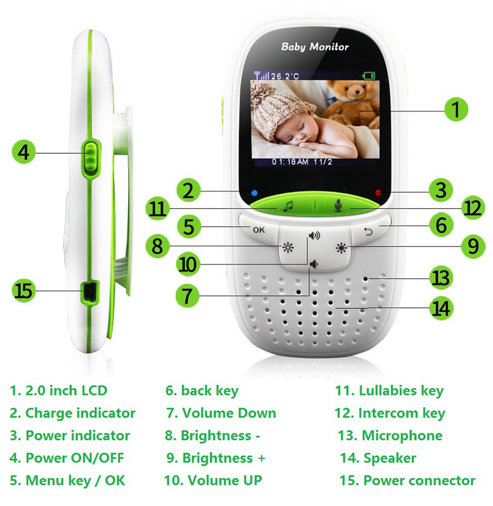 VB602 2.0 Inch Wireless Baby Monitor IR Night Vision Temperature Monitor Lullabies Intercom VOX Mode Security Camera