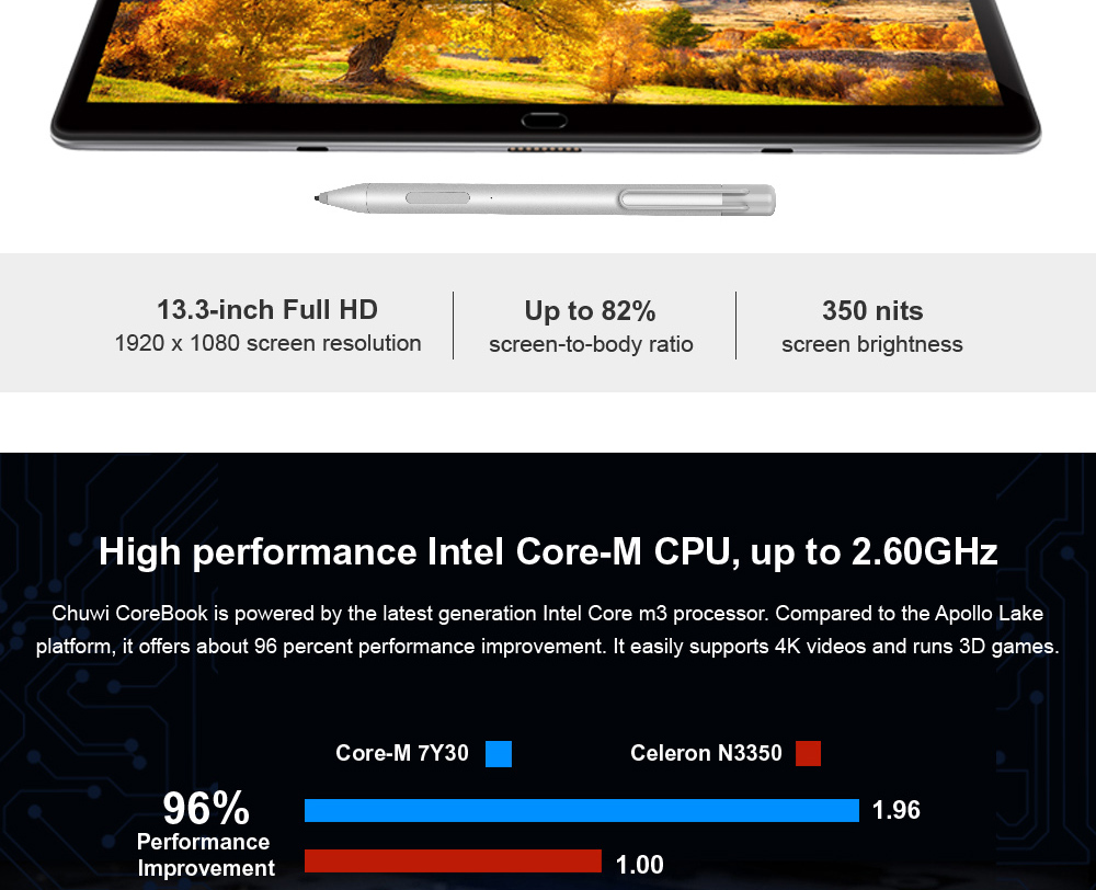 [HK Stock] Chuwi CoreBook 2 in 1 Tablet PC Intel Core M3 7Y30 Dual Core 13.3" FHD 1920*1080 8GB DDR3L 128GB SSD - Black