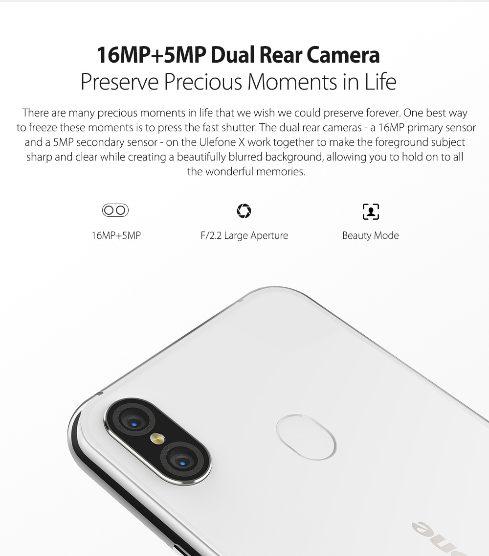 [HK Stock]Ulefone X 5.85 Inch 4G LTE Smartphone MTK6763 4GB 64GB 13.0MP+5.0MP Dual Rear Cameras Android 8.1 Face Unlock HD+ Screen - White