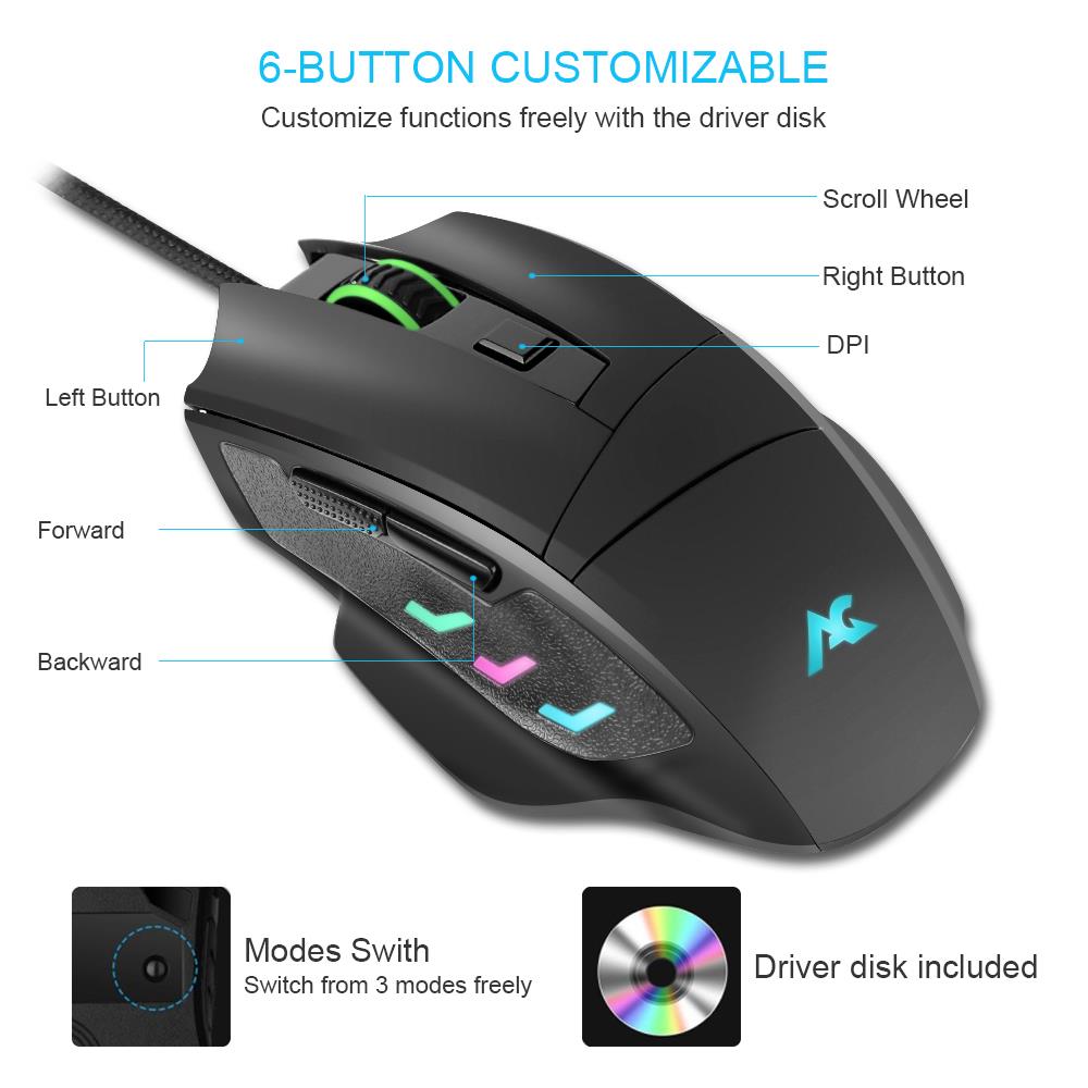ACGAM G402 PMW3325 Wired Gaming Mouse RGB Backlights 10000 DPI OMRON Gaming Switch  - Black