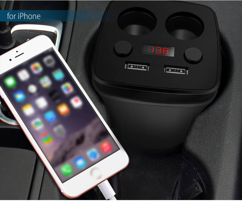 POFAN S03 Cup Car Charger with Voltage Warning Independent Switch Dual USB Interfaces Double Cigar Lighter Ports - Black