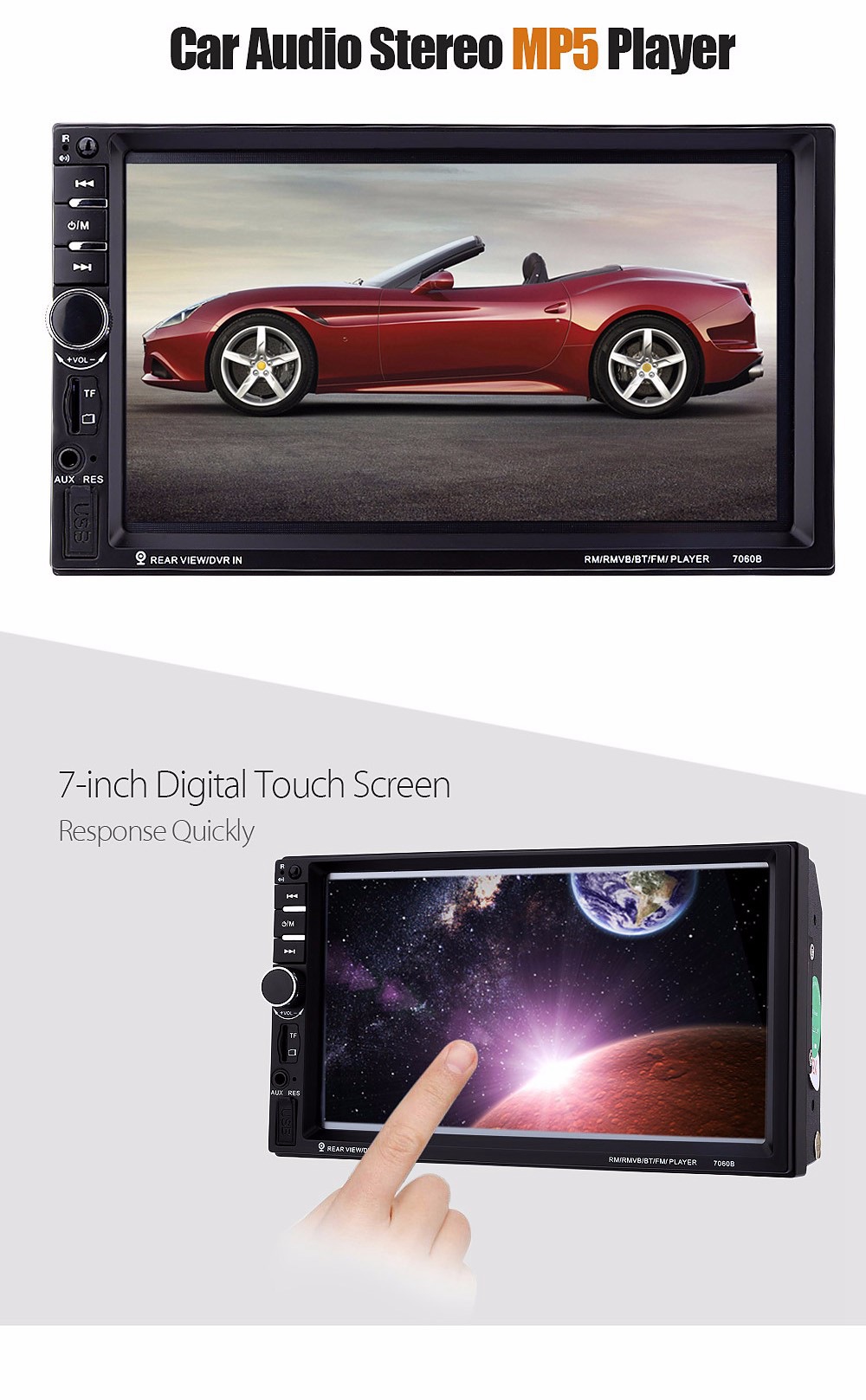 7060 7 Inch Digital TFT Touch Screen Car Multimedia Player Audio Stereo MP5 Player 1080P Video Format FM function - Black