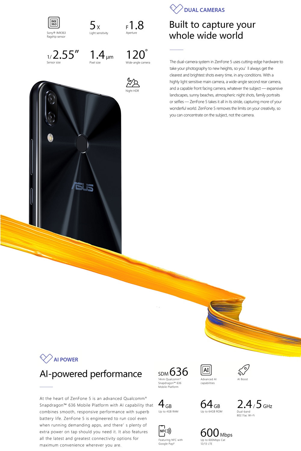 [HK Stock][Official Global Version]ASUS ZenFone 5 ZE620KL 6.2 Inch 4G LTE Smartphone Snapdragon 636 4GB 64GB 12.0MP+8.0MP Dual Rear Cameras Android Oreo Full Screen Type-C Touch ID NFC OTG - Silver