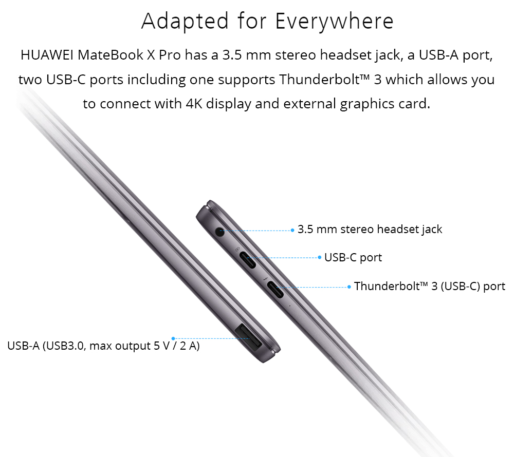 Huawei MateBook X Pro Laptop Intel Core i5-8250U Dual Core 13.9" 100% NTSC LTPS Screen 3000*2000 NVIDIA Geforce MX150 2GB DDR5 8GB DDR3 256GB SSD - Gray