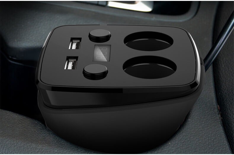 POFAN S03 Cup Car Charger with Voltage Warning Independent Switch Dual USB Interfaces Double Cigar Lighter Ports - Black