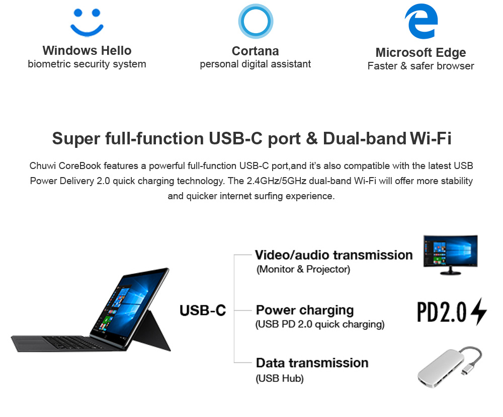 [HK Stock] Chuwi CoreBook 2 in 1 Tablet PC Intel Core M3 7Y30 Dual Core 13.3" FHD 1920*1080 8GB DDR3L 128GB SSD - Black