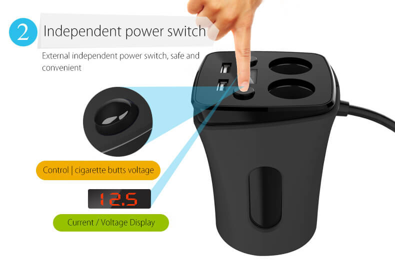 POFAN S03 Cup Car Charger with Voltage Warning Independent Switch Dual USB Interfaces Double Cigar Lighter Ports - Black