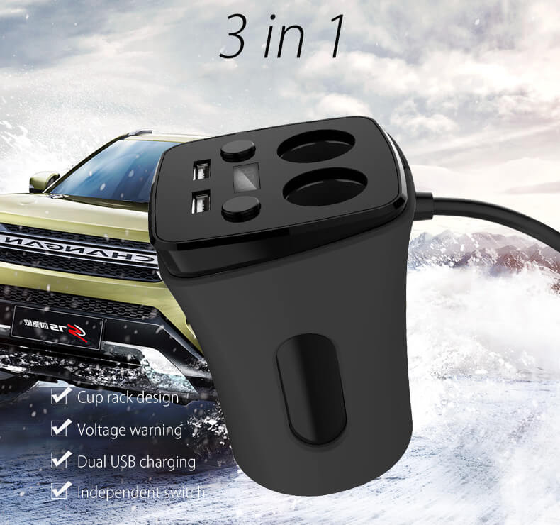 POFAN S03 Cup Car Charger with Voltage Warning Independent Switch Dual USB Interfaces Double Cigar Lighter Ports - Black