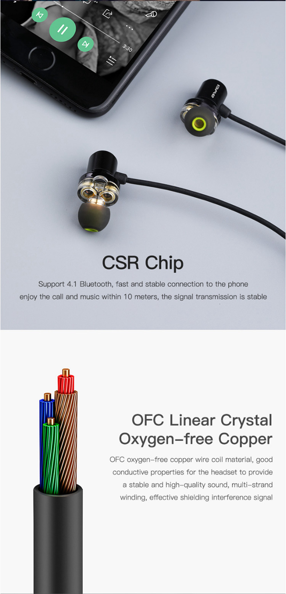 Awei X650BL Bluetooth Earphone Dual Driver Magnetic In-ear with Mic Line Control - Black