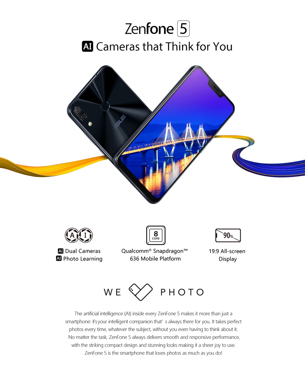 [HK Stock][Official Global Version]ASUS ZenFone 5 ZE620KL 6.2 Inch 4G LTE Smartphone Snapdragon 636 4GB 64GB 12.0MP+8.0MP Dual Rear Cameras Android Oreo Full Screen Type-C Touch ID NFC OTG - Black