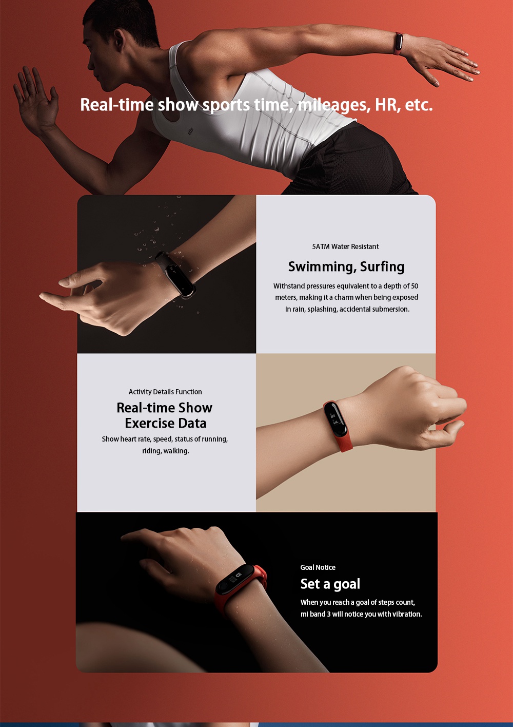 Original Xiaomi Mi Band 3 Smart Bracelet 0.78" OLED Touch Screen 5ATM Water Resistant Sports Fitness Tracker Reject Phone Calls Notification Display Bluetooth 4.2 - Black