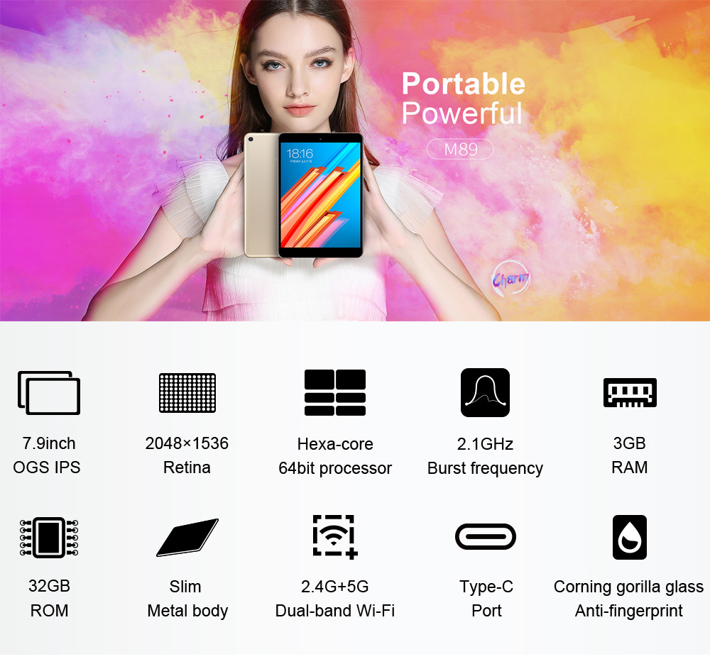Teclast M89 Tablet PC MT8176 Hexa Core GPS 7.9" IPS Retina Screen 2048*1536 3GB DDR3L 32GB eMMC Android 7.0 - Black+Gold