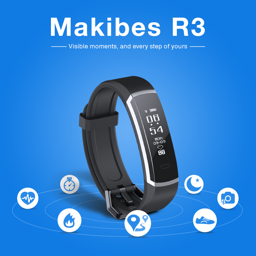 Makibes R3 Smart Bracelet Continuous Heart Rate Monitor Touchscreen IP67 Water Resistant Bluetooth Compatible With IOS Android - Black