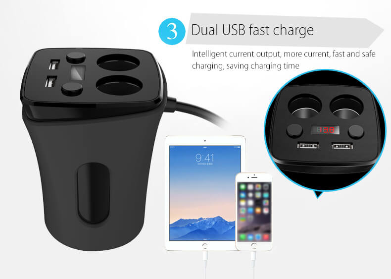 POFAN S03 Cup Car Charger with Voltage Warning Independent Switch Dual USB Interfaces Double Cigar Lighter Ports - Black