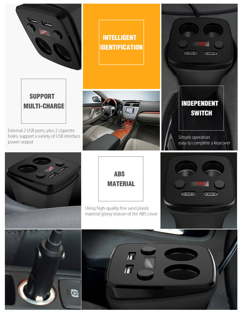 POFAN S03 Cup Car Charger with Voltage Warning Independent Switch Dual USB Interfaces Double Cigar Lighter Ports - Black