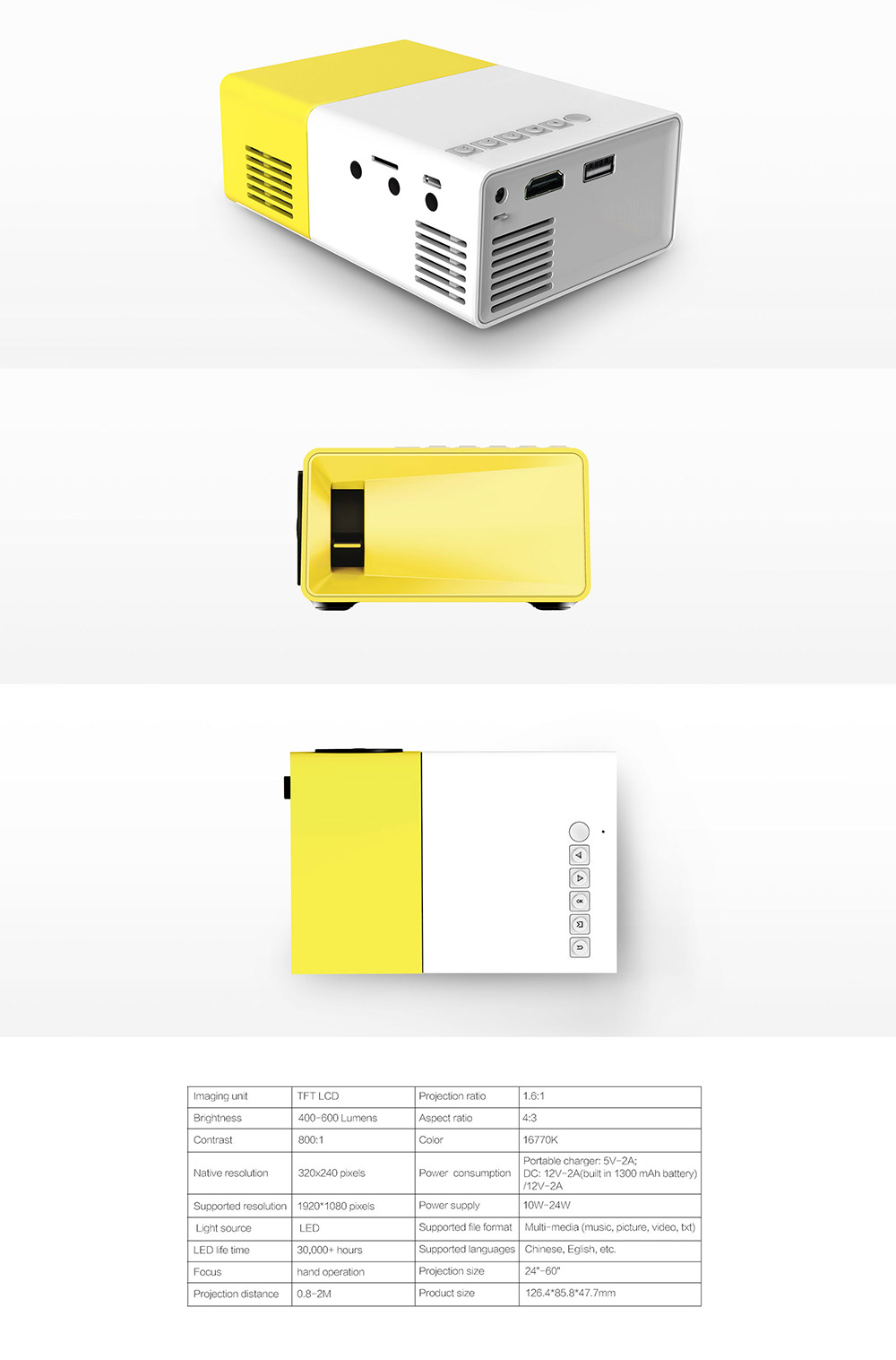 [HK Stock] YG-300 Mini Pocket LCD Projector 400~600 Lumens 320*240 Pixels Multimedia 1080P HD LED with HDMI USB TF AV - Yellow