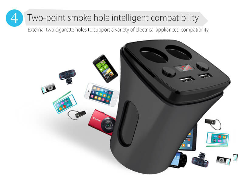 POFAN S03 Cup Car Charger with Voltage Warning Independent Switch Dual USB Interfaces Double Cigar Lighter Ports - Black
