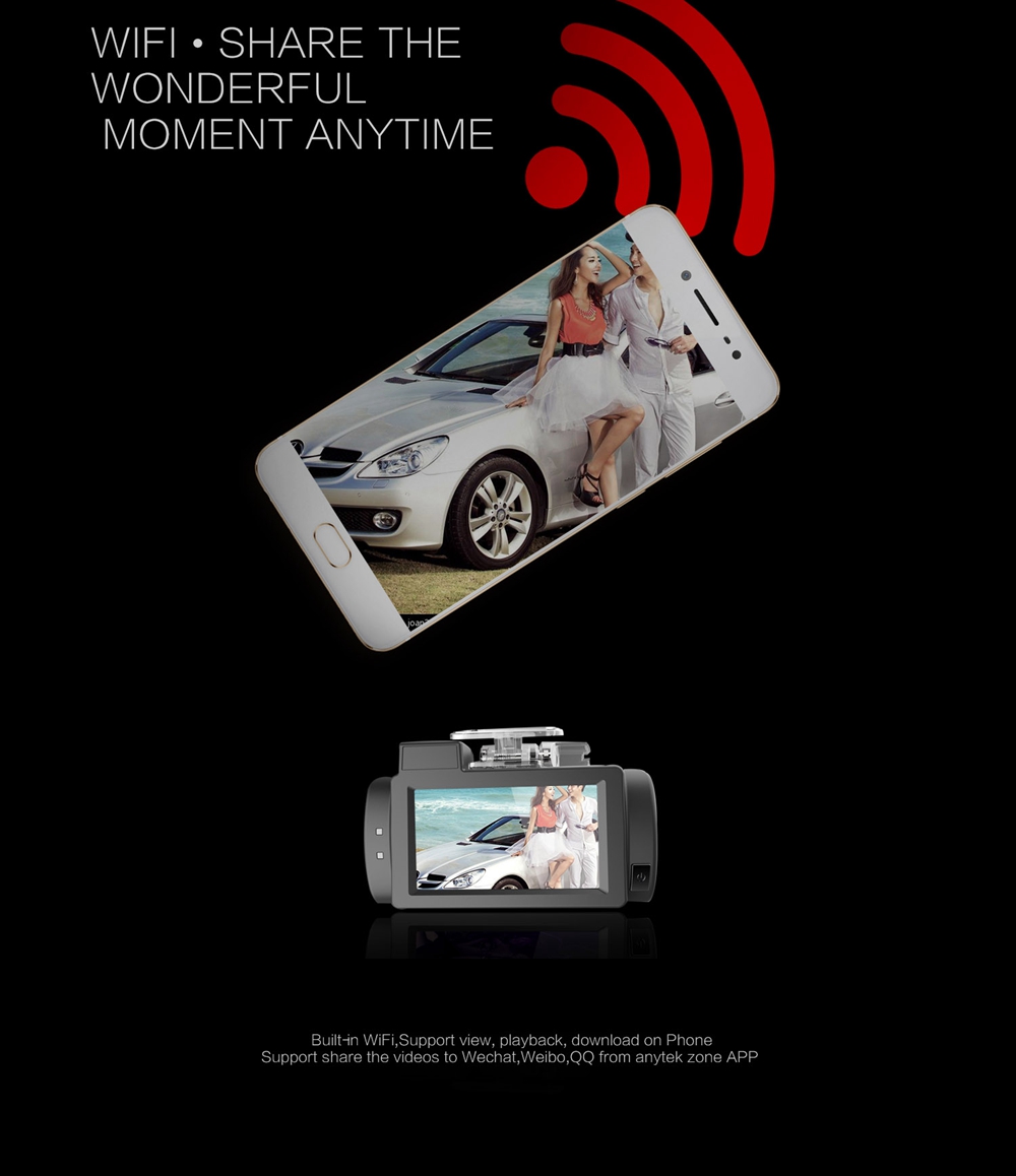 Anytek G200 Car Recorder 2.7 Inch Touch Screen 4K FHD Car Camera 160 Degree Wide Angle F1.8 Aperture Built-in Wifi And GPS Function - Black