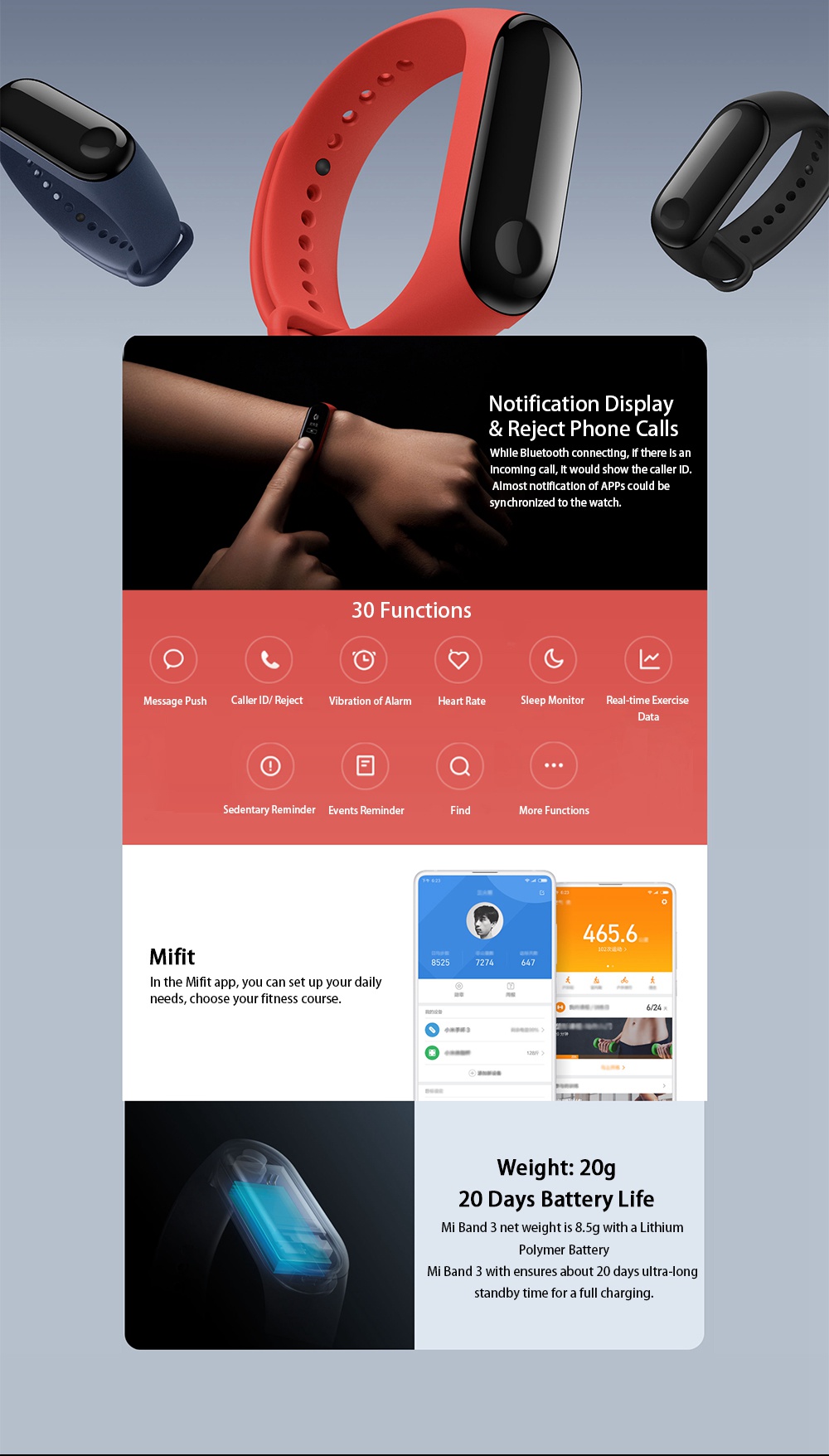 Original Xiaomi Mi Band 3 Smart Bracelet 0.78" OLED Touch Screen 5ATM Water Resistant Sports Fitness Tracker Reject Phone Calls Notification Display Bluetooth 4.2 - Black