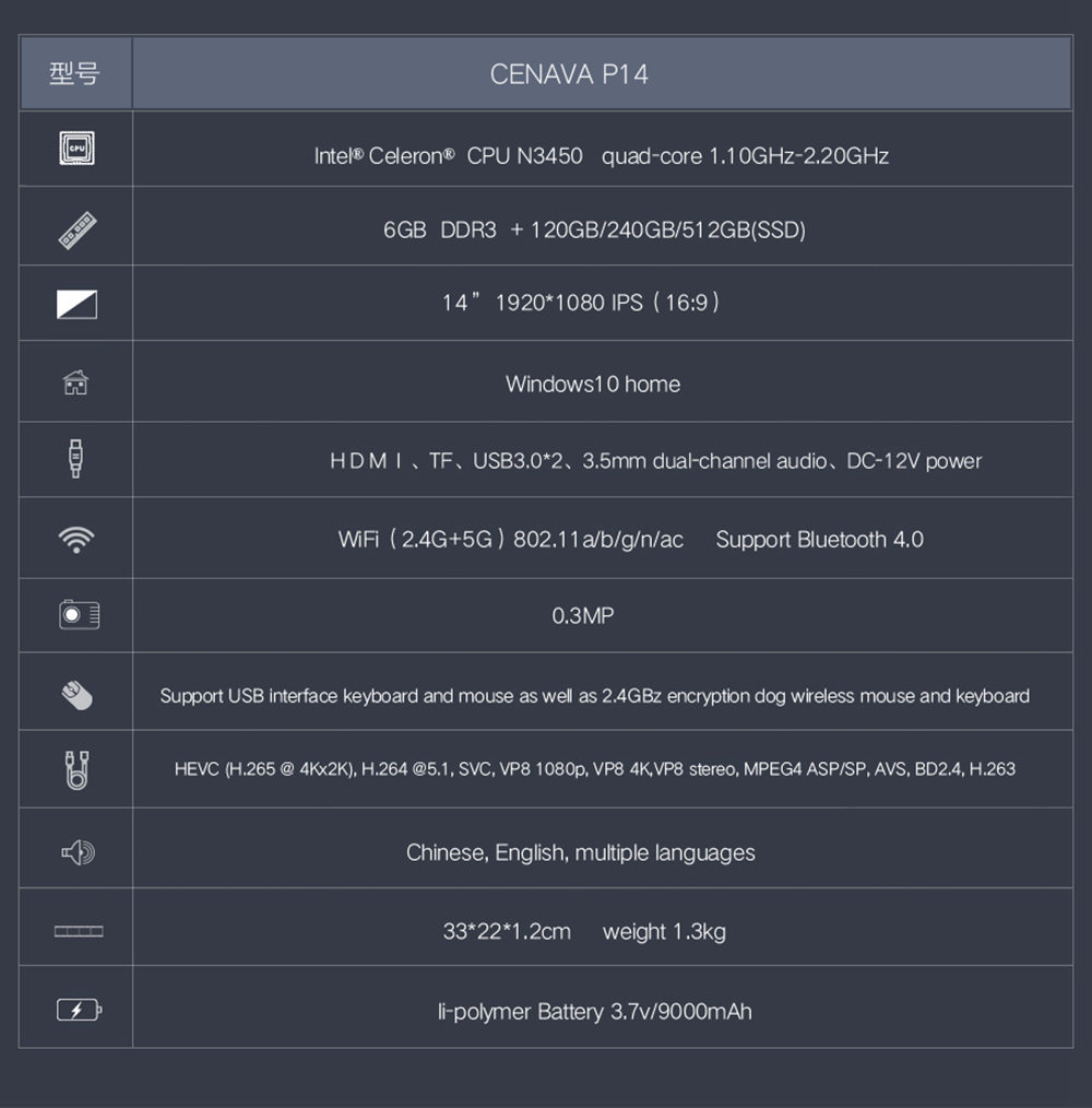 CENAVA P14 Laptop Intel Celeron N3450 Quad Core 14" IPS Screen 1920*1080 6GB DDR3 120GB SSD - Silver