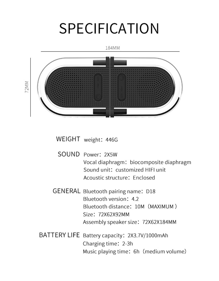 OVEVO D18 3D Magnet Bluetooth 4.2 Speakers 1 in 2 Outdoor Waterproof HiFi Phone PC Speaker - Black