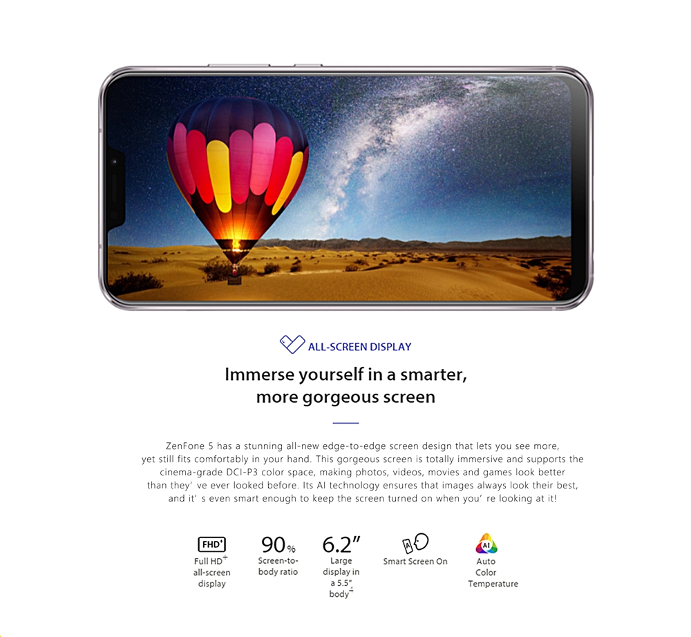 [HK Stock][Official Global Version]ASUS ZenFone 5 ZE620KL 6.2 Inch 4G LTE Smartphone Snapdragon 636 4GB 64GB 12.0MP+8.0MP Dual Rear Cameras Android Oreo Full Screen Type-C Touch ID NFC OTG - Silver