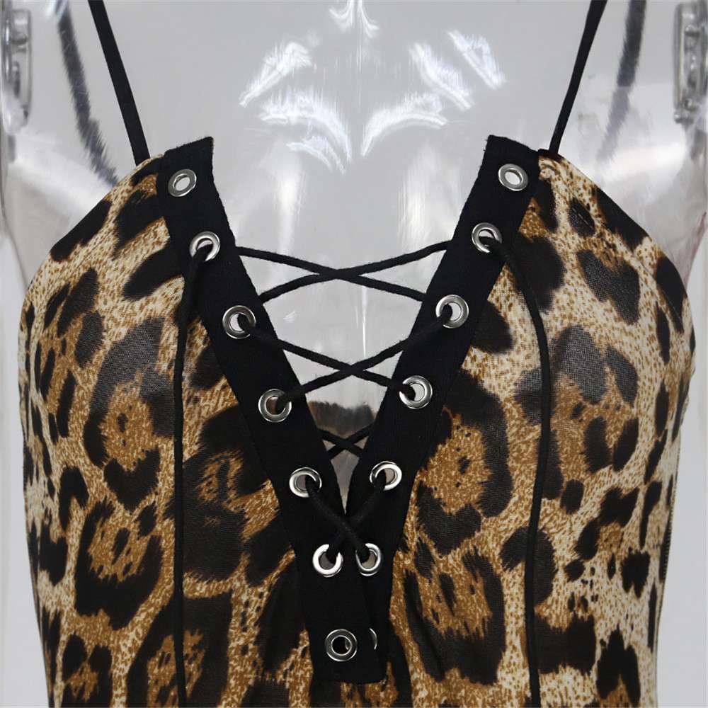 Women Sexy Fashion Top Leopard Print Lures Shapewear Gathered Dress Size L - Yellow