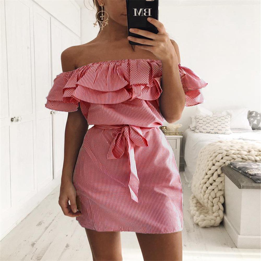 Women's Fashion Summer Sexy Off Shoulder Ruffle Stripe Printed Dress Size XXL - Red