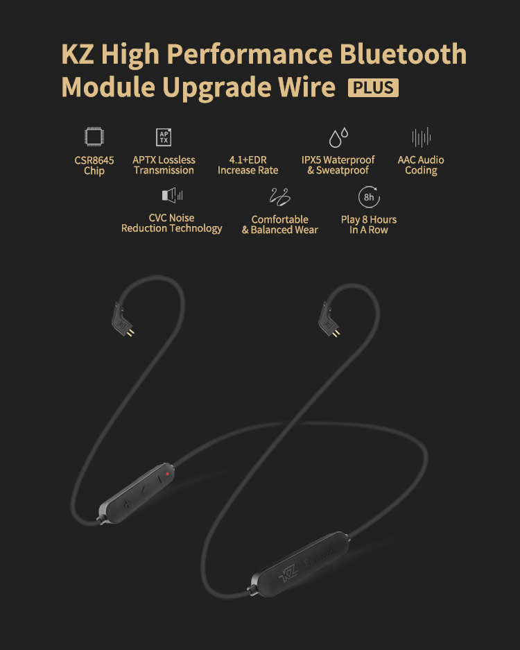 Original KZ Bluetooth Module Upgrade Cord for ZS3/ZS4/ZS5/ZS6/ZSA - Black Straight Plug