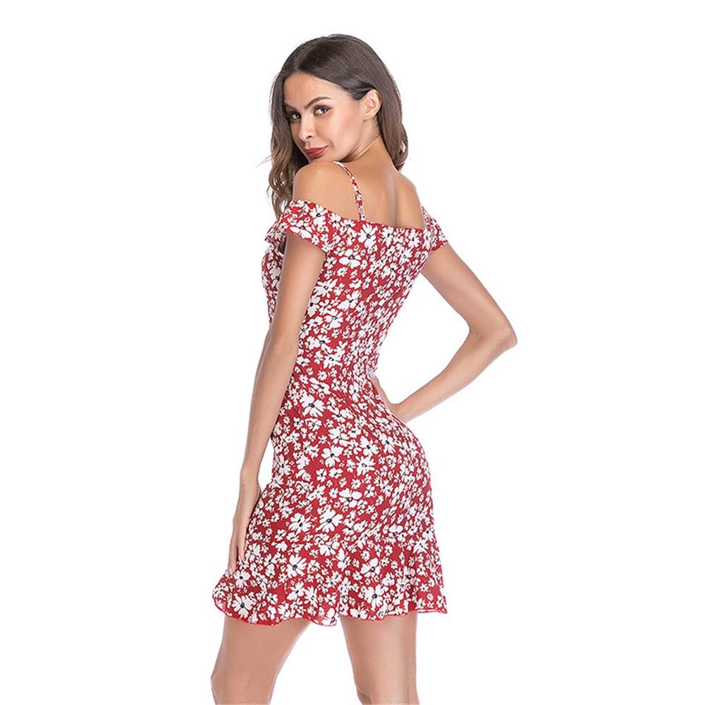 Fashion Women Summer Sexy Slim Sling Floral Print Of Shoulder Chiffon Mini Dress Size S - Red