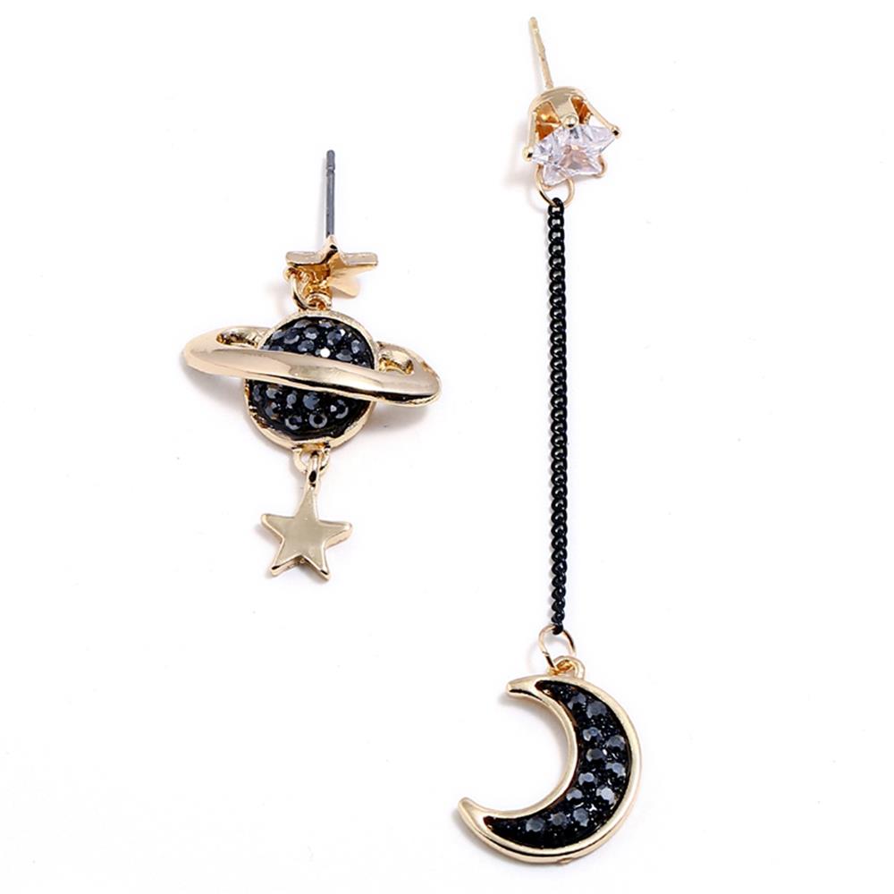 Womens Asymmetrical Moon And Stars Earrings Set Gold