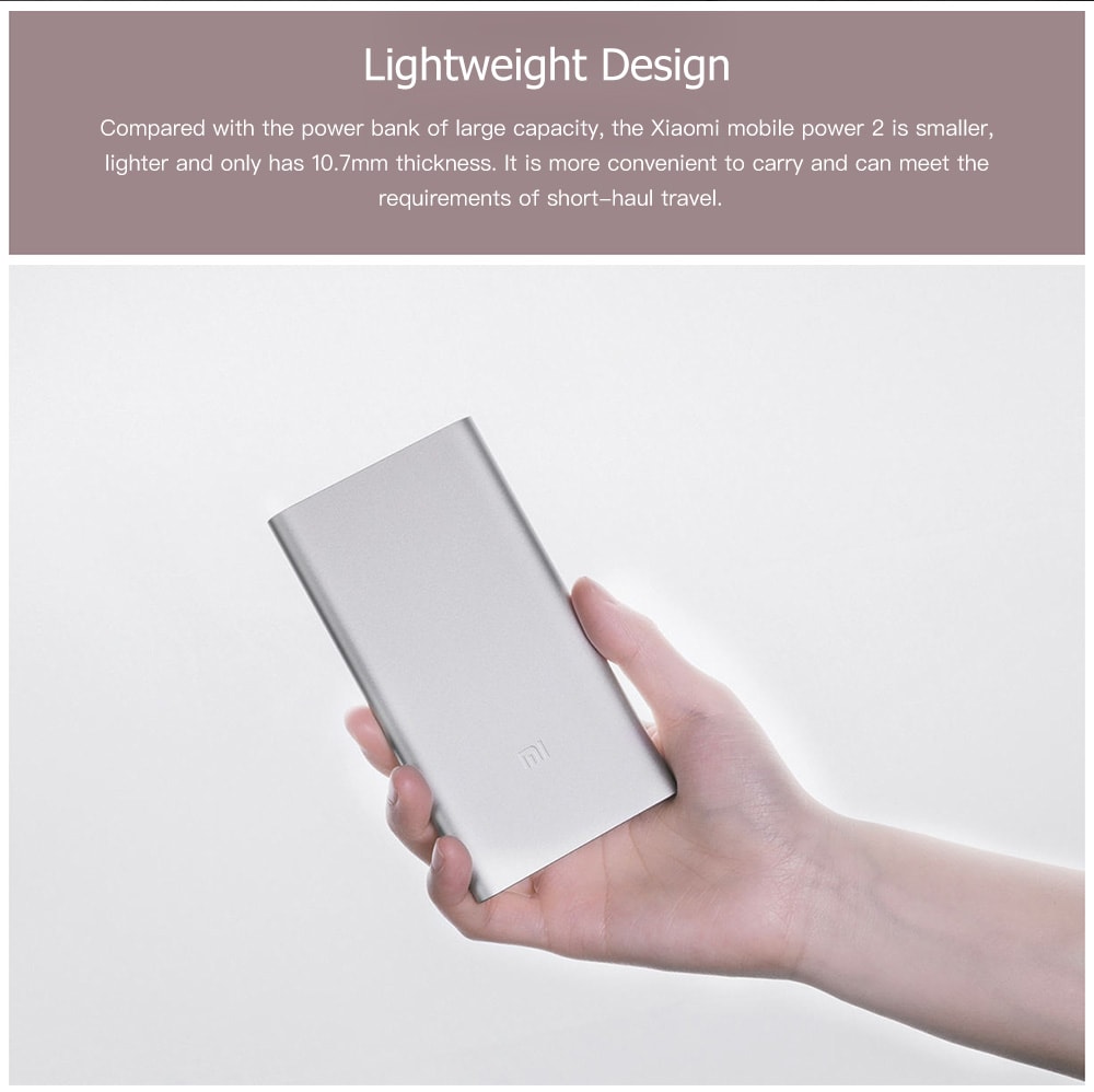 Xiaomi Power Bank 2 5000mAh Lithium Polymer Battery Aluminum Alloy Metal Casing Lightweight and Portable - Silver