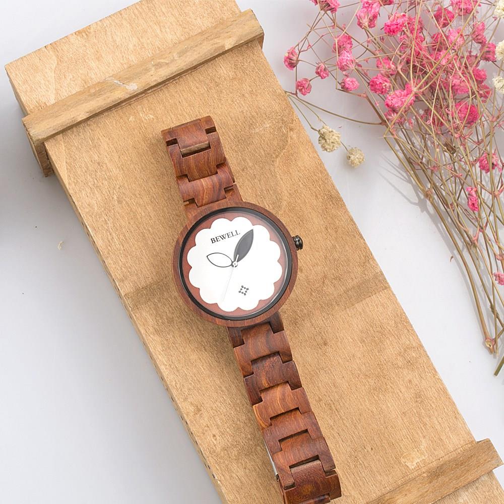 BEWELL Olive Wood Vintage Quartz Watch Leather Band Dial Plate Wristwatch for Women-Brown