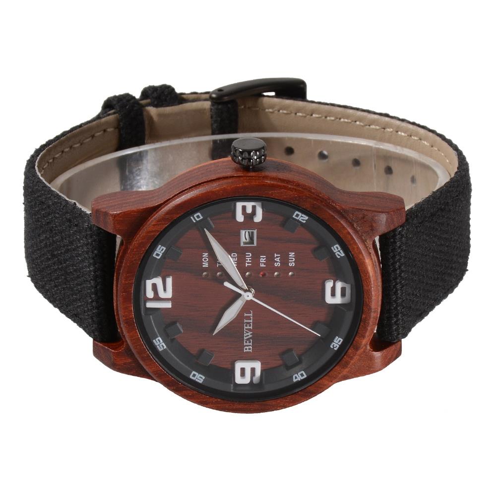 BEWELL Red Sandalwood Vintage Quartz Watch Leather Band Dial Plate Wristwatch Men - Black