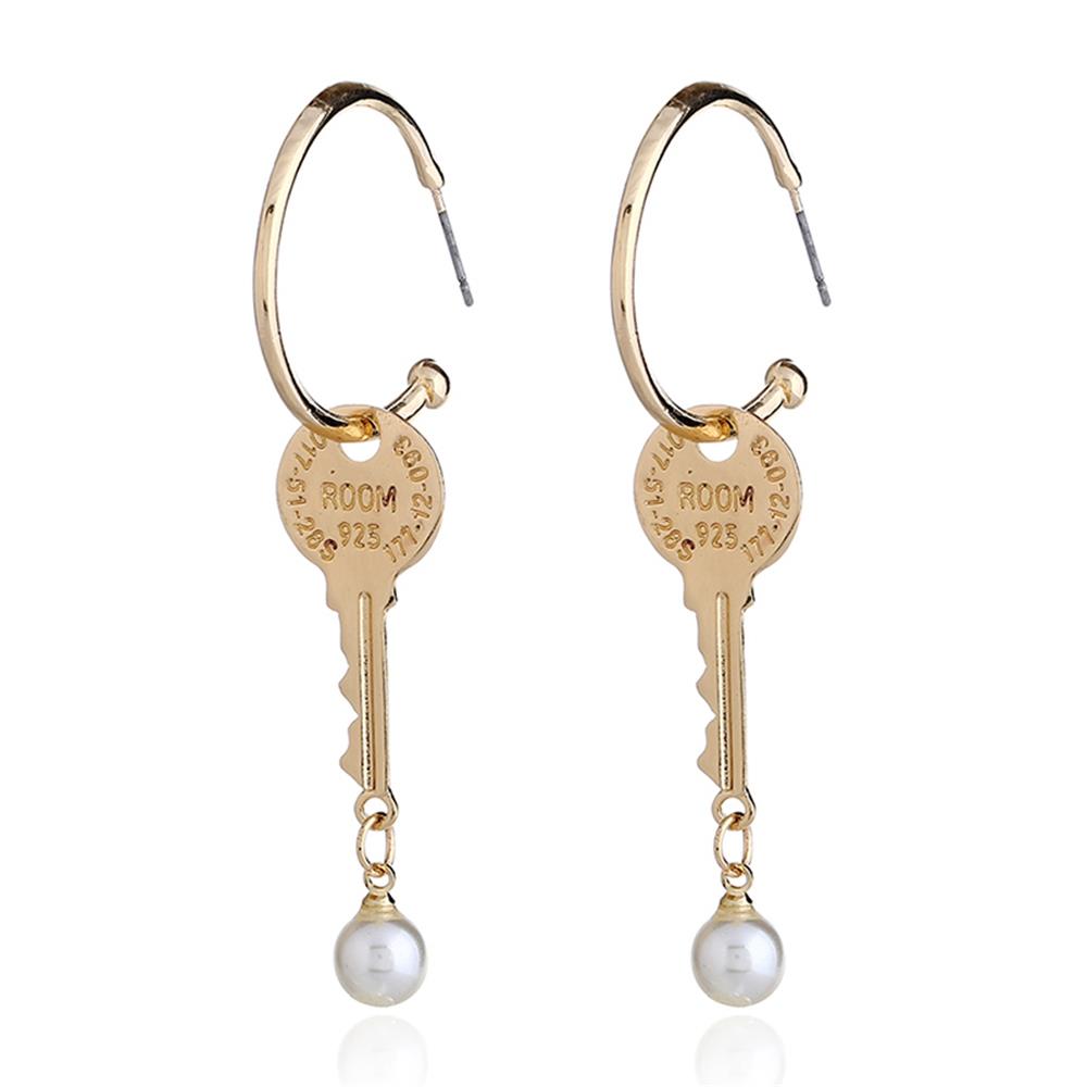 Women's Key Shape Pearl Pendant Earrings Set Gold