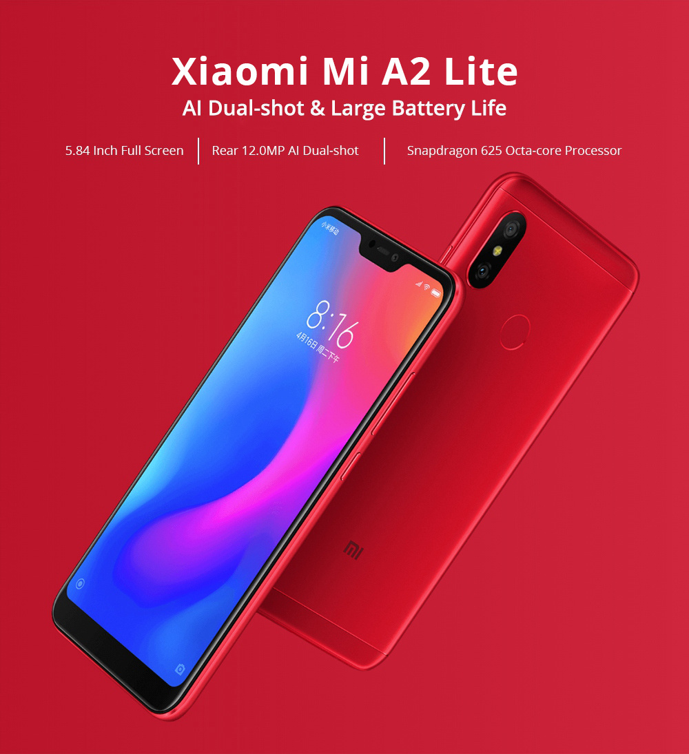 [HK Stock][Official Global Version]Xiaomi Mi A2 Lite 5.84 Inch Full Screen 4G LTE Smartphone Snapdragon 625 4GB 64GB 12.0MP+5.0MP Dual Rear Cameras Android 8.1 4000mAh Touch ID - Black