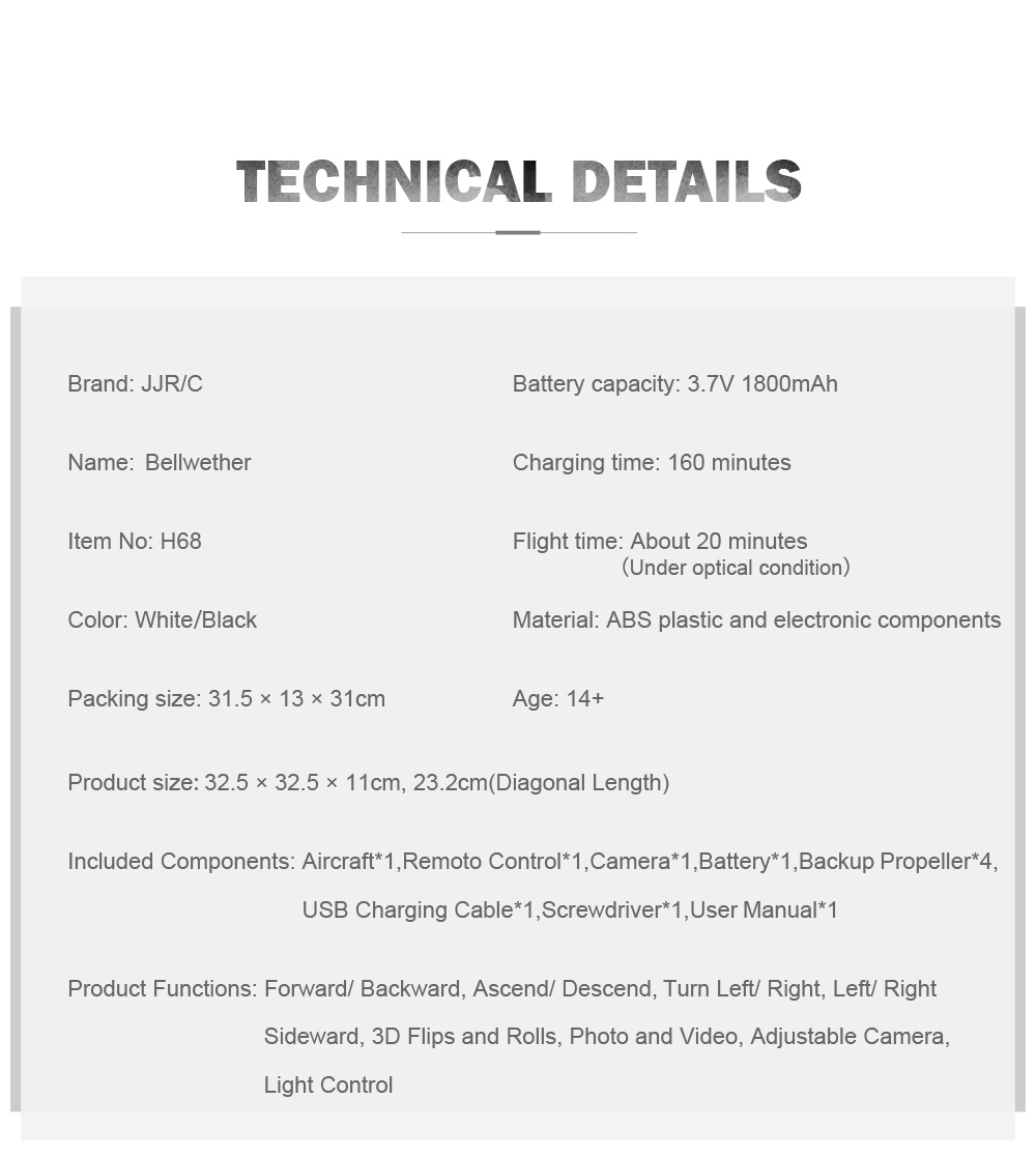 JJRC H68 BELLWETHER WiFi FPV RC Quadcopter Max Flight Time 20mins with 720P HD Camera Altitude Hold Mode RTF - White