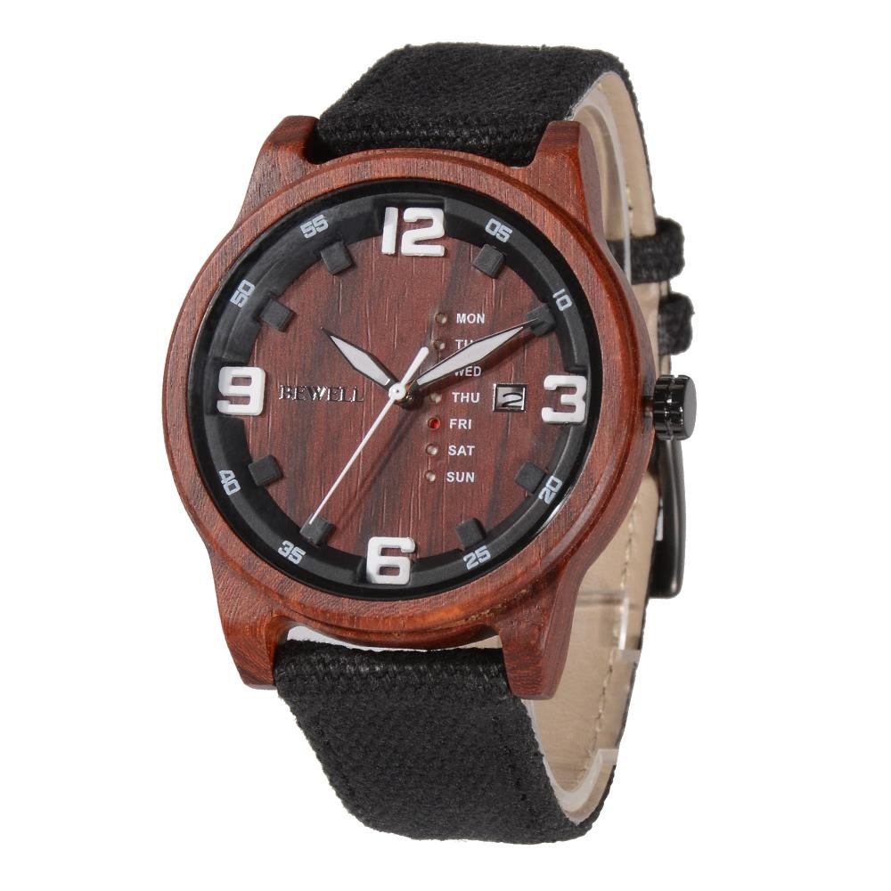 BEWELL Red Sandalwood Vintage Quartz Watch Leather Band Dial Plate Wristwatch Men - Black
