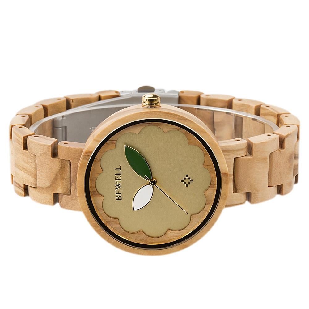 BEWELL Olive Wood Vintage Quartz Watch Leather Band Dial Plate Wristwatch for Women-Yellow