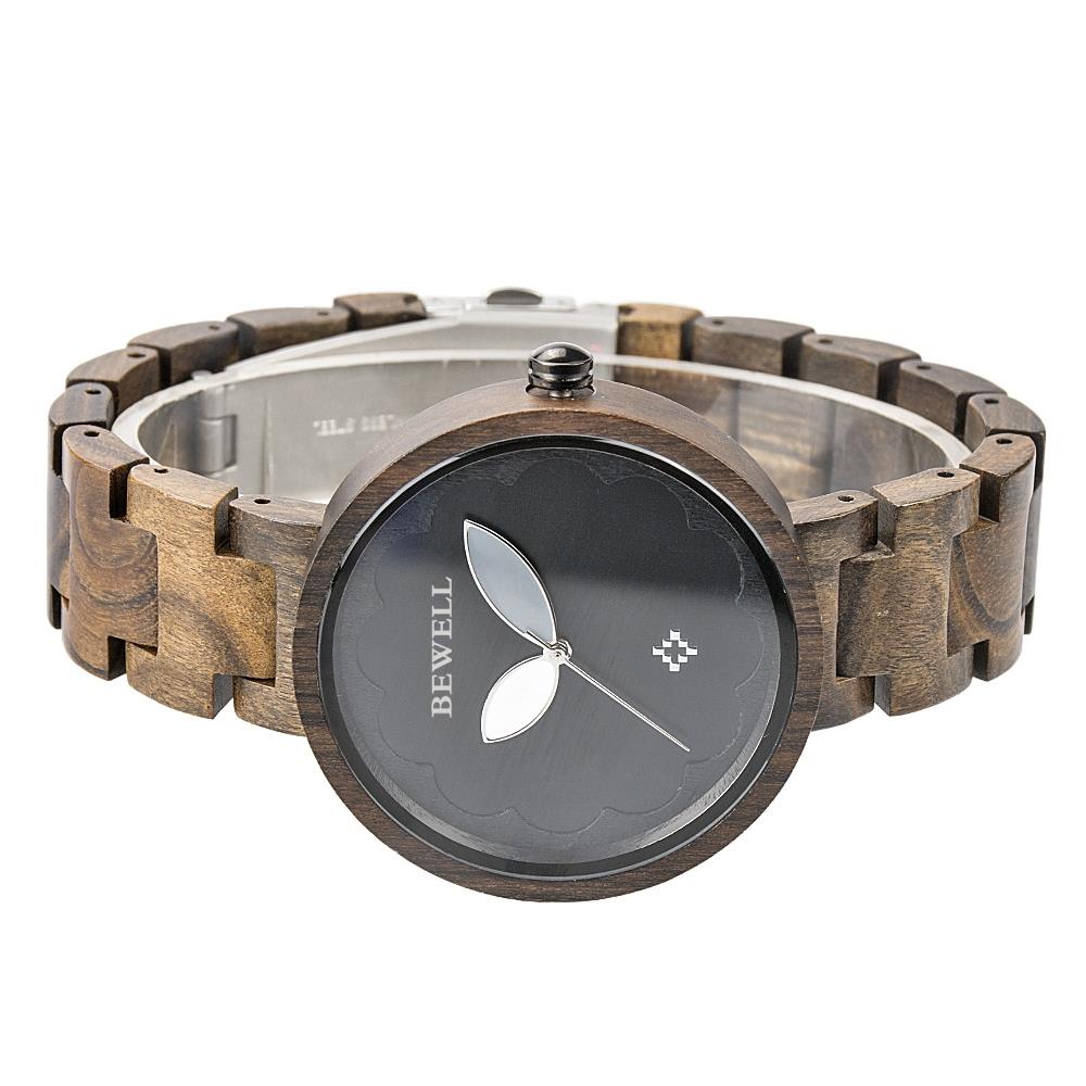 BEWELL Olive Wood Vintage Quartz Watch Leather Band Dial Plate Wristwatch for Women-Black