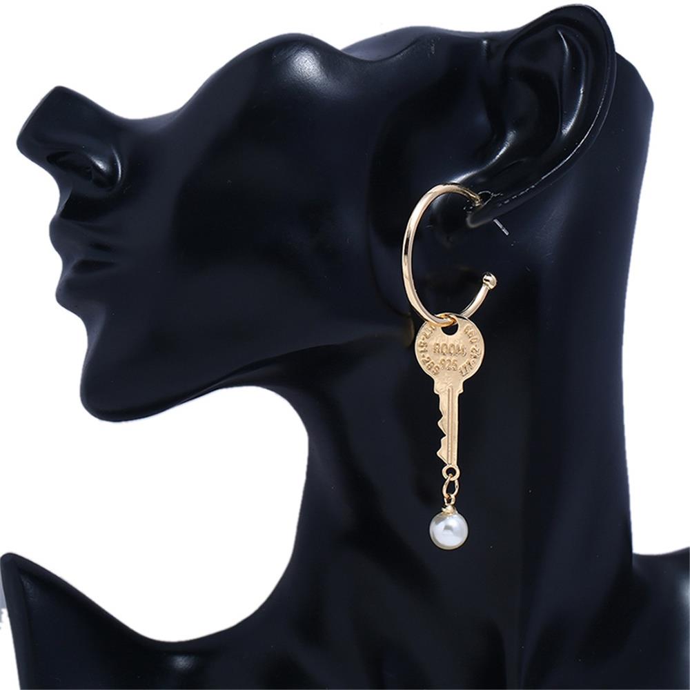 Women's Fashion Beautiful Stylish Jewelry Earrings Key Shape Pearl Pendant Earrings Set - Gold