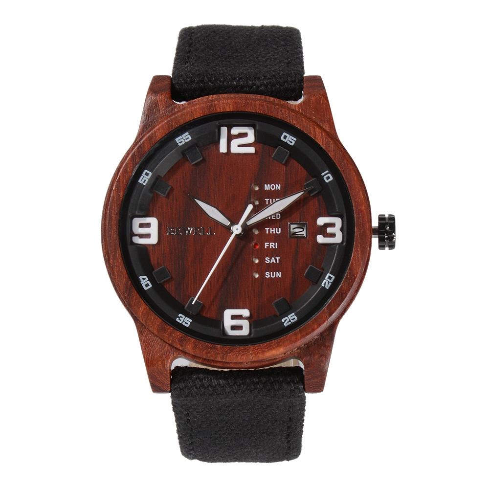 BEWELL Red Sandalwood Vintage Quartz Watch Leather Band Dial Plate Wristwatch Men - Black
